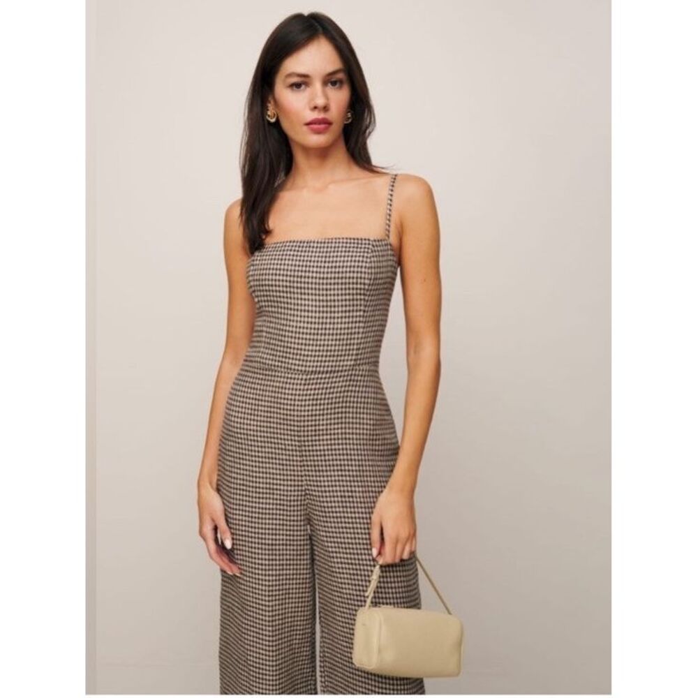 Reformation Overland Linen Jumpsuit In Tartine Check (Brown/Tan Checkered) Sz. 2 - Picture 2 of 15